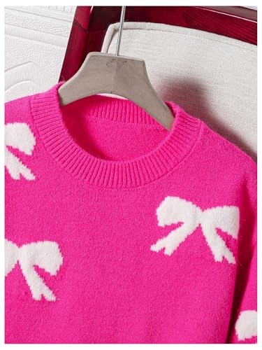Image of BEAUDRM Girl's Cute Bow Sweater Crew Neck Long Sleeve Drop Shoulder Loose Pullover Tops