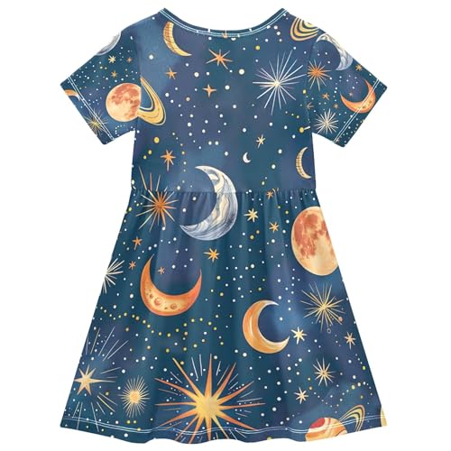 Colorful Stars Moons Planets Blue Toddler Dresses for Girls 2t Short Sleeve Easter Spring Dress Little Girl Dress2
