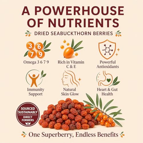 Image of Cosmic Blessing Himalayan Sea Buckthorn Berry 1kg | Sun-Dried, Natural & Unsweetened | Rich in Omega 3 6 7 9, Vitamin C & E | Dried Sea Buckthorn Berry for Skin, Immunity, Gut & Heart | No Preservatives