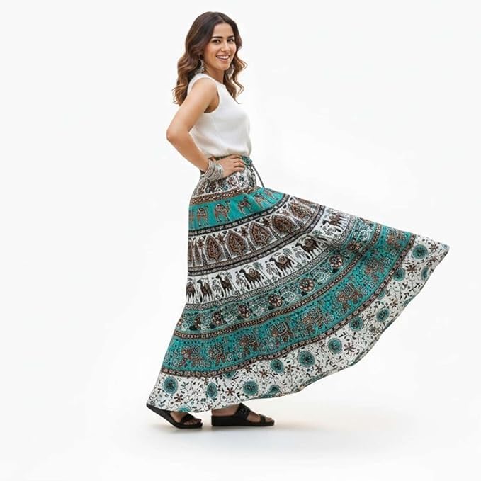 Image of HARSHITA-Enterprises Jaipuri Women's Cotton Printed Elastic Long Skirts