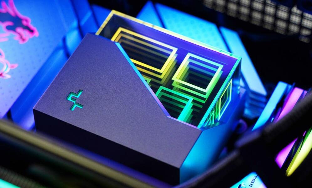 Close-up of the LT520 pump block with infinity mirror ARGB lighting