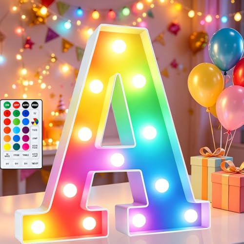Product Image of the LED Marquee Letter Lights, 18 Colors Changing Light Up Letters with Remote, RGB Alphabet Letters Sign for Girls Boys Gift Birthday Party Night Light Bedroom Wedding Christmas Decor-Colorful A