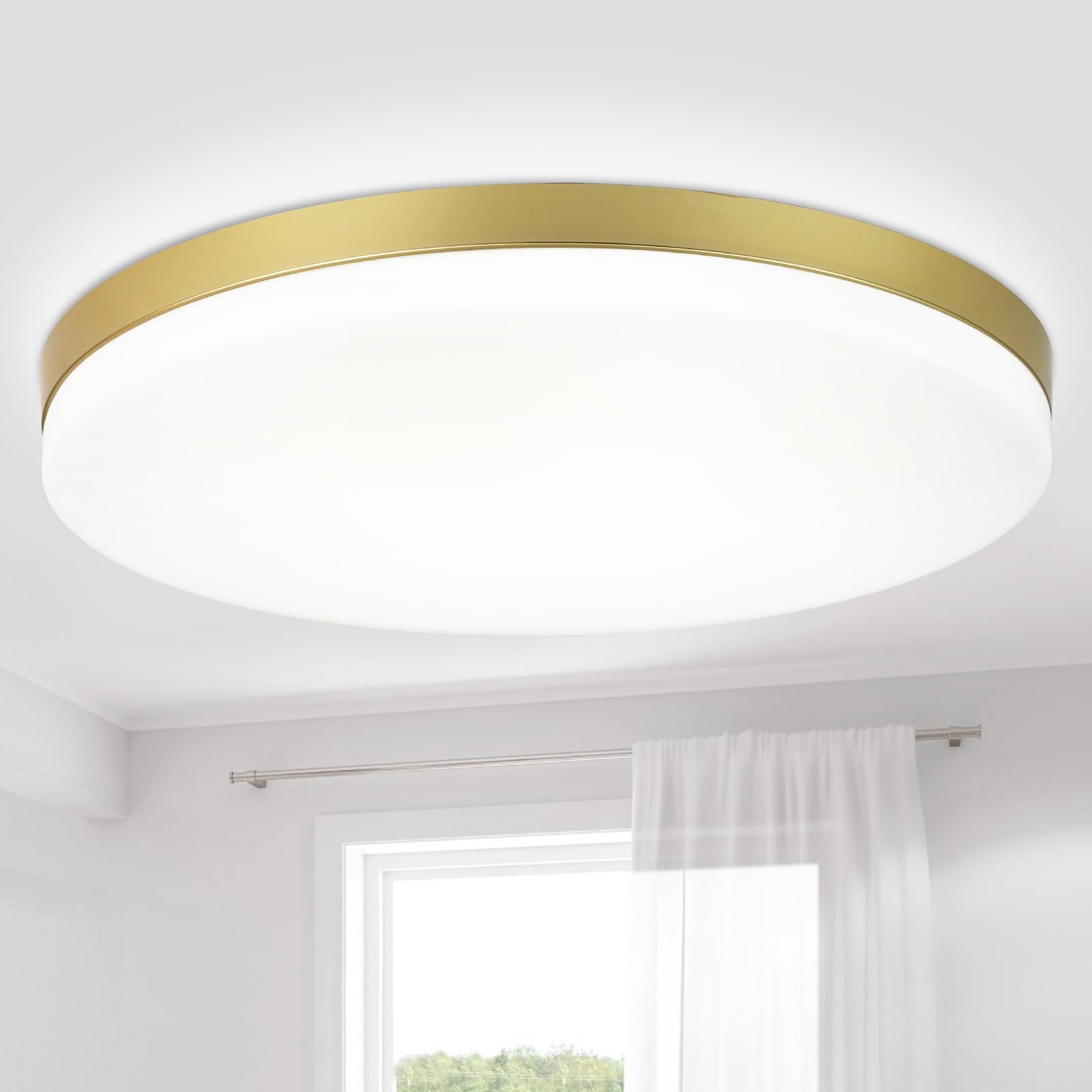 DLLT 24W Modern Dimmable Led Flush Mount Ceiling Light Fixture, 13 Inch Golden Round Close to Ceiling Lights for Bedroom, Kitchen, Dining Room, 3000K-6000K 5 Light Color Adjustable