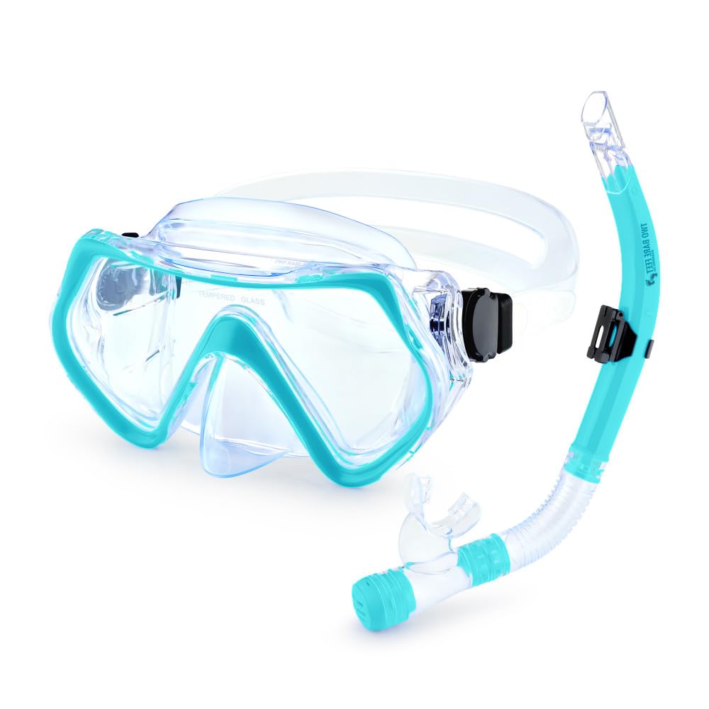 Two Bare Feet Adult PVC Snorkel & Mask Set – Anti-Fog Tempered Glass Diving Mask with Adjustable Snorkel for Snorkelling, Swimming & Scuba Diving (Teal)