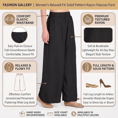 Image of FASHION GALLERY Women's Solid Rayon Palazzo Pants | Relaxed Fit Full Length Wide Leg Palazzo | Elastic Waist Comfortable Casual Lounge Office Ethnic Flared Trousers for Women