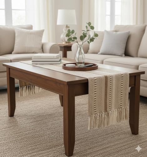 Image of E-EZRA Premium Cotton Table Runner Cream Brown Long Ethnic Table Home Decor Thread Traditional Dining Table Cloth Runner Up | 72 By 14 Inches Decorative Tablemats Handcrafted Parties, Events