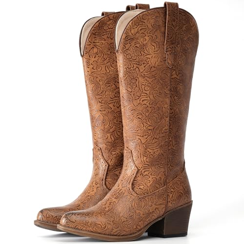 IUV Cowboy Boots For Women Mid Calf Western Cowgirl Boots with Chunky Heel Pointy Toe Boots
