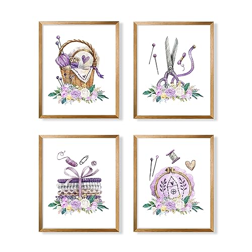 Wall Art for Sewing Lovers - Sewist Tailor Posters Print - Vintage Retro Gift for Sewciopath - Quilting Scissors Thread Spools Needs Sewing Machines Pictures - Bedroom Hobby Decor Craft Gifts for Her