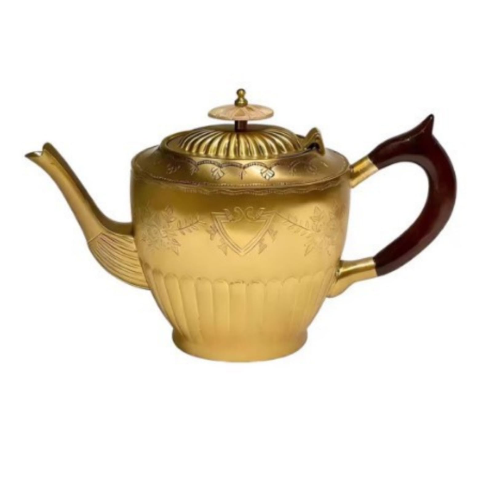 Teiera in Ottone Teiera Bollitore Caraffa Brocca con Lavorazione Artigianale Corpo Rigato a Profilo Tondo Coperchio Impreziosito Legno Scuro Metallo
