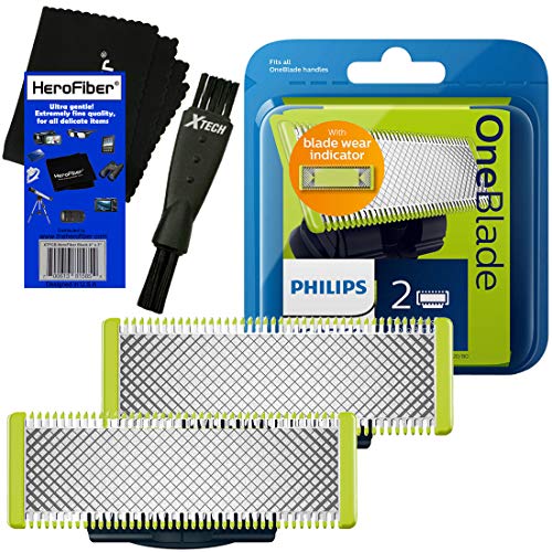 Philips Norelco OneBlade Replaceable Blades (2 Pack) for OneBlade QP2520, QP2530, QP2630, Pro QP6510, QP6520 Electric Trimmers + Double Ended Shaver Brush + HeroFiber Ultra Gentle Cleaning Cloth