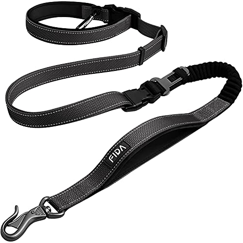 Fida Guinzaglio per cani, 1,4 m ~ 2,1 m, 6 in 1, multifunzionale, con cinghia addominale leggera per camminare/ciclismo, jogging con cintura regolabile (nero..