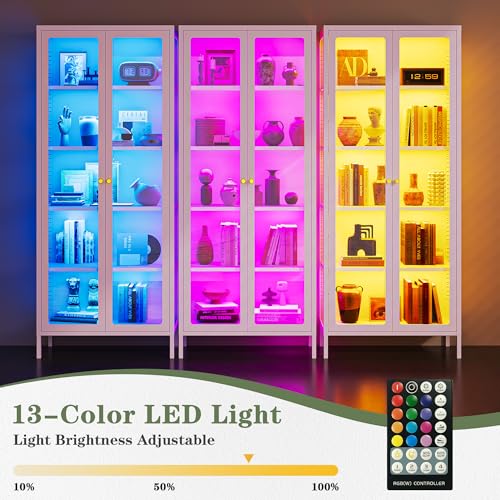 Image of Lucky Monet 5-Tier Glass Display Cabinet with LED Lights, 67 inch Tall Metal Curio Cabinets with Glass Door and 4 Adjustable Shelves, Large Display Case for Collectibles Figures China Books (White)