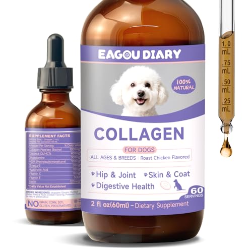 Collagène pour Chiens – Soutien des Hanches et des Articulations, Santé de la Peau et du Pelage avec Glucosamine, MSM, Huile de Coco, Vitamine C et E, Biotine – Santé Digestive et Immunitaire, 60 ml
