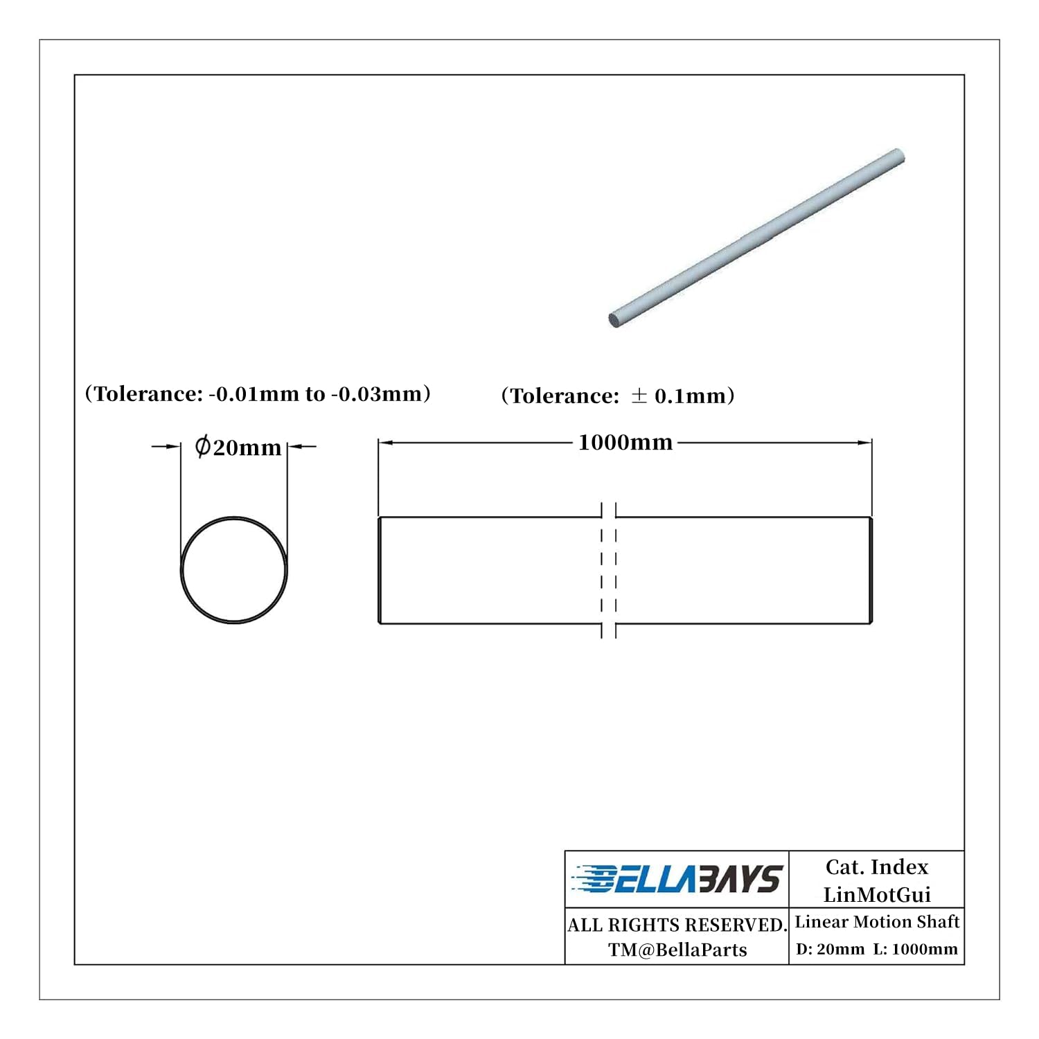 Linear Motion Rod 1pc 20mm x 1000mm (0.787 x 39.37 inches) Metric Case Hardened Chrome Plated Linear Shaft Rail Guide for 3D Printer DIY CNC - Metric h8 Tolerance BELLA BAYS — Amazon image 3