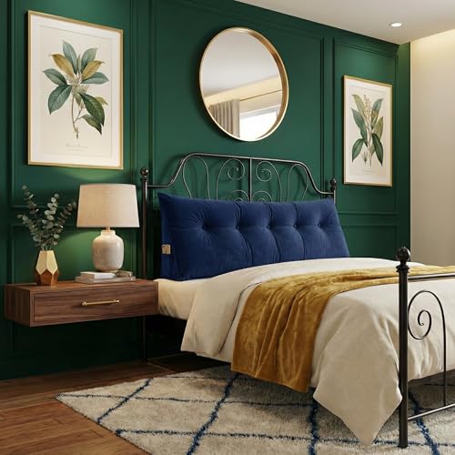 Image of Luxury Velvet Tufted Wedge Pillow with Side Pocket - Soft Headboard Back Support Cushion for Bed, Sofa & Floor Seating - Blue Color