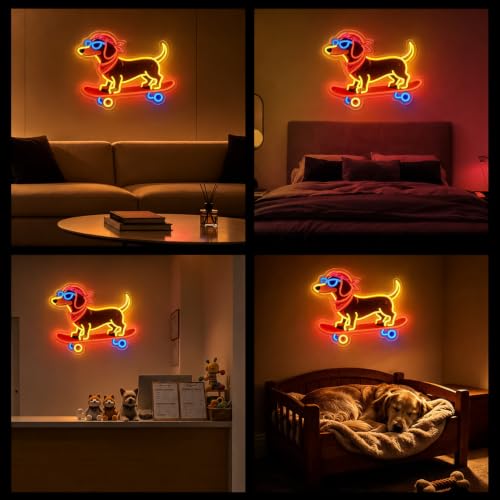 Image of Skateboard Dog Neon Signs, Dachshund Skateboarding Neon Sign Cool LED Wall Art Decor | Dimmable Dog Lover Gift | Idea for Living Room, Bar, Shop, or Birthday Party