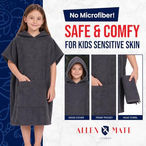 Image of ALLEN & MATE 100% Cotton Kids Hooded Surf Poncho Changing Robe, Quick Absorbent Wearable Swim Towel Boys & Girls, 6-13 Years