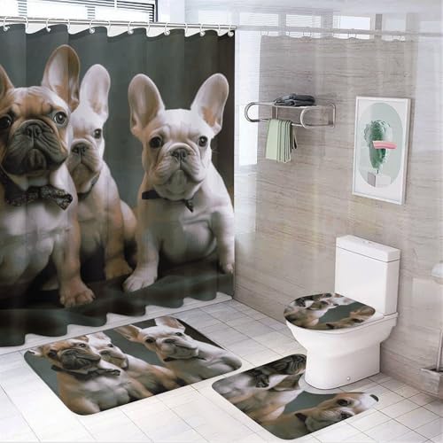 Rideaux de douche bouledogue français : ensemble haut de gamme tapis de bain chic - 2