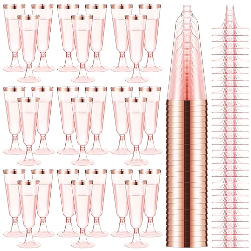 Dandat 100 Pcs Plastic Champagne Flutes Disposable 5 oz Champagne Glasses with Rim Wine Glasses Cups for Wedding Quinceanera Sweet 15 Birthday Party Supplies (Pink with Rose Gold Rim)
