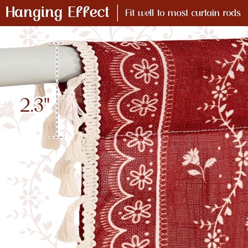 Image of Yinhua Boho Kitchen Curtains 36 Inch Length Vintage Linen Cafe Curtains Light Filtering Bohemian Floral Tier Rod Pocket Farmhouse Rustic Tassel Small Drapes with Tiebacks, 2 Panels, Red