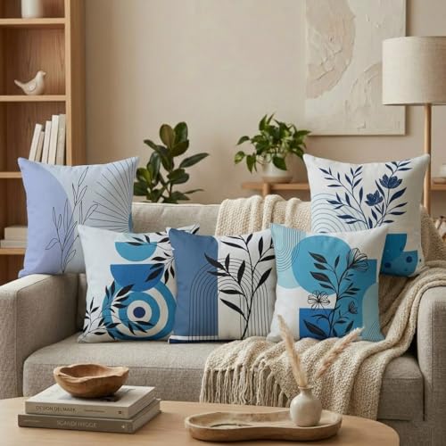Image of Reversible Cushion Cover 16 inch x 16 inch Set of 5 - Premium Stitched Sofa Pillow Cover Set with 10 Unique Bohemian Printed Designs & Invisible Zipper