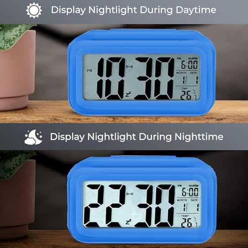 Image of Casa Copenhagen Digital Alarm Clock Table Clock for Students, Home, Office, Corporate with Automatic Sensor, Date & Temperature - Blue