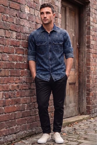 Image of Louis Philippe Men's Slim Fit Classic Denim Wash Stylized Fashion Full Sleeve Casual Shirt