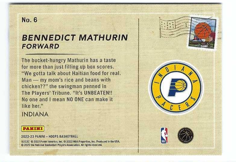 BENNEDICT MATHURIN 2022-23 Panini NBA Hoops Rookie Greetings #6 Rookie Card RC Arizona Wildcats Indiana Pacers Basketball