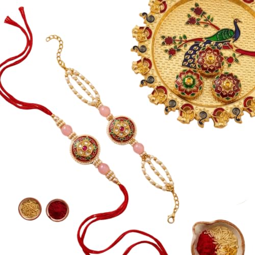 Image of Traditional Meenakari Kundan Bhaiya Bhabhi Rakhi Set | Elegant Lumba Bracelet for Bhabhi and Designer Bracelet for Bhaiya | Premium Rakshabandhan Gift Set