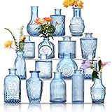 Glass Bud Vases Set of 16 - Blue Assorted Small Mini Glass Vases for Flowers, Crystal Vintage Vase...