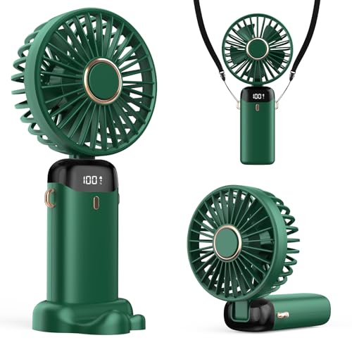 Refluxe Rechargeable Portable Handheld Fan,3000mAh Battery Operated Mini Fan,5 Speeds and LED Display,Long Lasting Desk Fan for Office,Bedroom,Outdoor Activities and Travel (Green)