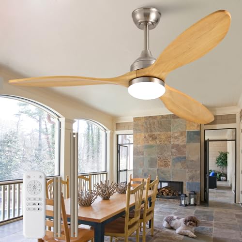 Image of 52 Inch Solid Wood Outdoor Ceiling Fans with Lights and Remote,3 Natural Wood Blades,Dimmable,6 Speed Quiet DC Motor, Indoor Outdoor Ceiling Fan for Patios Bedroom Living Room