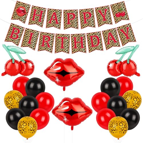 Image of Hooqict Cheetah Prints Birthday Decorations Cherry Leopard Birthday Banner with Balloons for Girls Women Red Black Cheetah and Cherry Party Decorations
