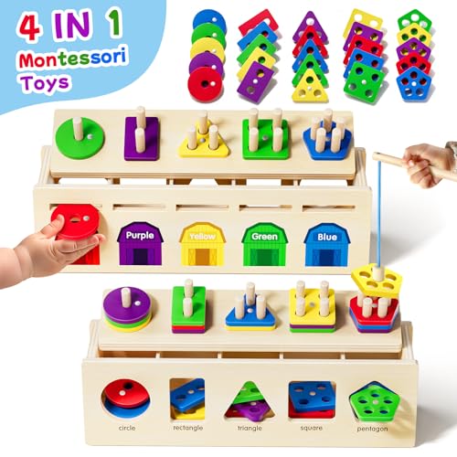 Image of Montessori 4 in 1 Wooden Sorting Shape Sorter and Stacking Toy Box Color Matching Counting Fishing Game Preschool Educational Toys for 3 Years Boys and Girls Gifts