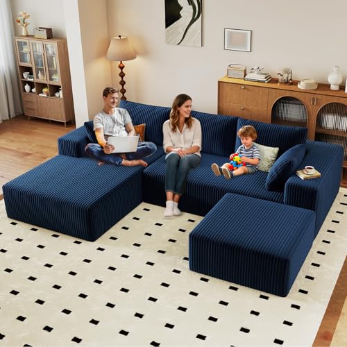 Image of 96 inch U-Shape Cloud Couch, Modern Modular Sectional L-Shape Sofa with Ottoman, Corduroy Upholstered Couches Deep Seat Sleeper Chaise Longue for Living Room, No Assembly Required(Blue, Left Facing)