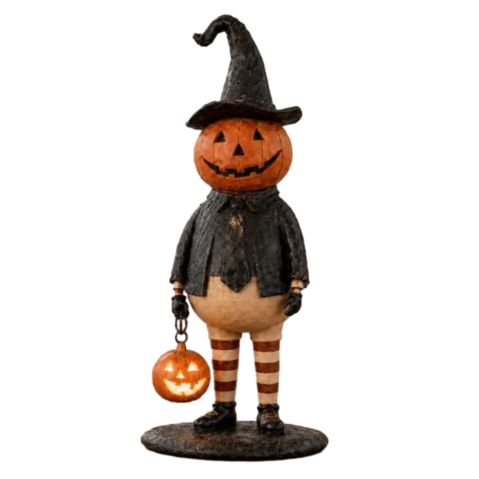 anwhriet Pumpkin Witch Lantern Figurine, Spooky Halloween Resin Statue with Glowing Hat & Staff, Vintage Gothic Home Decor for Mantel Shelf Tabletop A