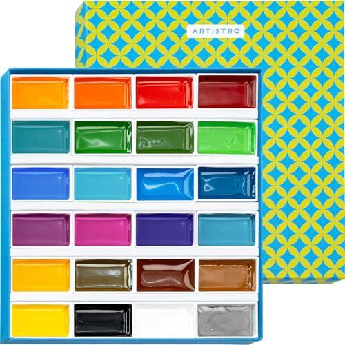 ARTISTRO Professional Watercolor Paint Set for Adults - 24 Pigment-Rich Colors, XL Pans, ASTM-I Lightfastness, High Tinting Strength Watercolor Set for Professionals made by Professionals