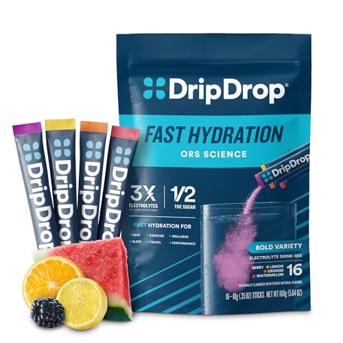 dripdrop hydration packets - bold variety pack - single serve electrolytes powder drink mix - watermelon berry lemon orange - non-gmo gluten free vegan - 16 sticks