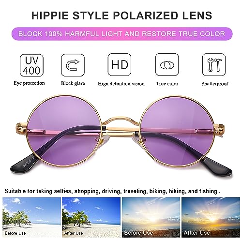 Retro Round Hippie Sunglasses Women Men Polarized Small Circle Lennon Glasses (Gold Frame/Purple Lens)4