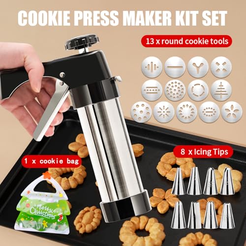 Cookie Press Kit with 13 Discs & 8 Nozzles for Baking