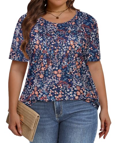 Image of Plus Size Tops for Women Pleated Summer Top Trendy Short Sleeve Shirts Casual Basic Tee Crew Neck Blouses 2026