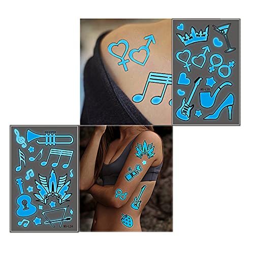 Neon Tattoo Stickers Black Lights For Glow Party Blue Luminous Temporary Tattoos 12 Sheets Uv Jewellery Body Shimmer Fake Skin Tattoo For Women Girls Body Face Art Accessories #TOP3