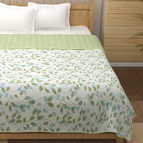 Image of Story@Home Super Soft Cotton Leaf Pattern Lightweight Double Blanket /Duvet /Comforter /AC Dohar (88x94 Inches, Olive Green and White)