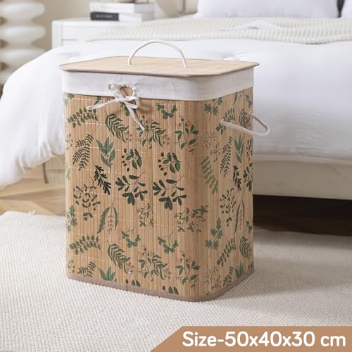 Image of HOKIPO Eco-Friendly Foldable Bamboo Laundry Basket Hamper with Lid, Large - 60 Liter, Fern Leaves (AR-5753), Multicolour