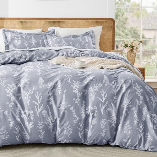 MUXHOMO Duvet Cover King Size, Reversible Floral Grey Duvet Cover Set with Zipper Closure, 3 Pieces...