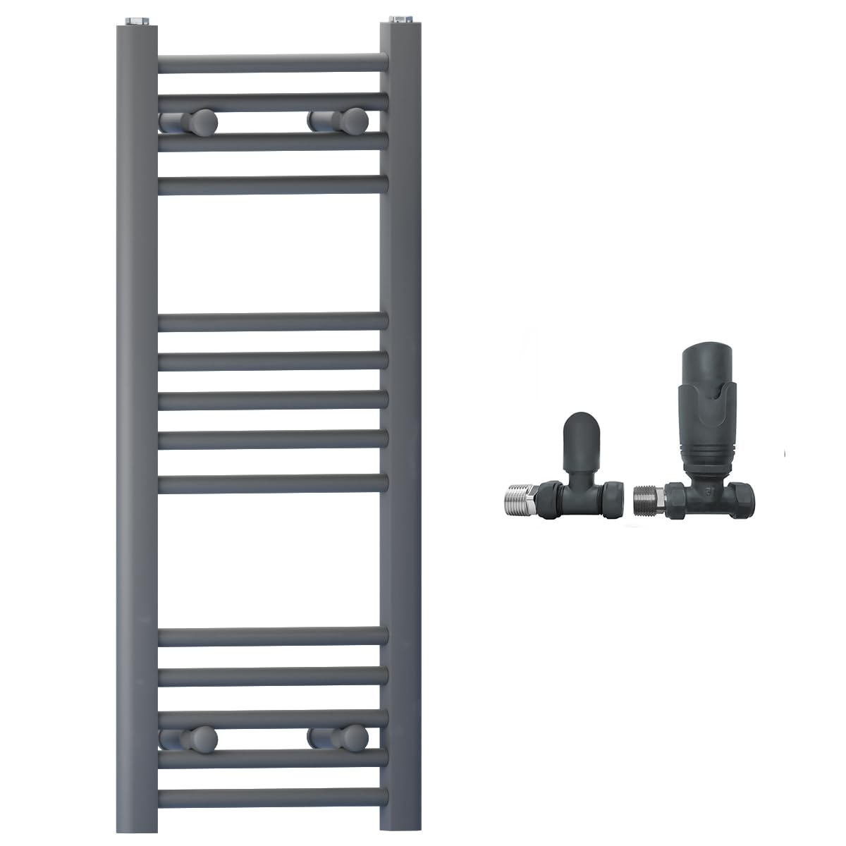 400mm Wide Straight Anthracite Grey Heated Bathroom Towel Rail Radiator With Valves For Central Heating UK (With TRV Straight Valves, 400 x 800 mm (h))