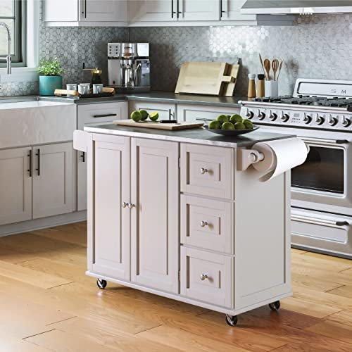 Homestyles Kitchen Cart With Stainless Steel Metal Top Rolling Mobile Kitchen Island With Storage And Towel Rack 54 Inch Width Off White #TOP1