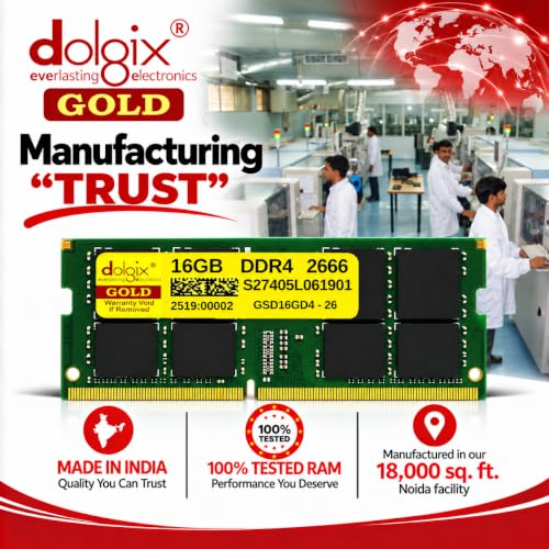 Image of Dolgix Gold 16GB DDR4 Laptop RAM 2666MHz /Notebook RAM (Memory) CL-19 (2Rx8 Dual Rank) SO-DIMM | PC4-21300, 5 Year-Warranty (Made in India)