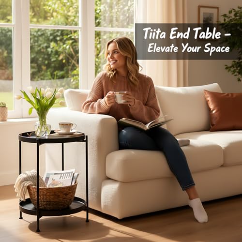 Image of Tiita Black Round End Tables, 2 Pack, 2-Tier Metal Side Tables, Nightstands
