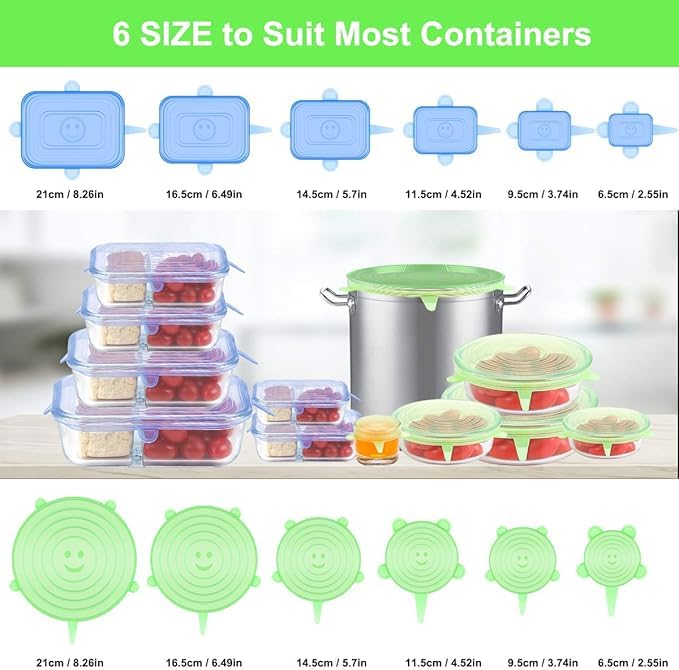 Surinka Silicone Stretch Lids Rectangle, Reusable Food Container Lids, BPA-Free, Eco-Friendly Curved Dish   Covers, Microwave, Oven & Dishwasher Safe (Round+Squre-pack of 12) - Image 3 thumbnail